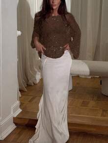 Áo khoác dáng rộng tay cánh dơi bằng vải lưới rỗng đính sequin Yuwenier gợi cảm, thích hợp cho các buổi tiệc khiêu vũ, dành cho nữ. - màu nâu - Xem 5