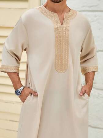 1 件芥末黄色卡夫坦风格刺绣传统长袍，穆斯林摩洛哥男士长袖长袍