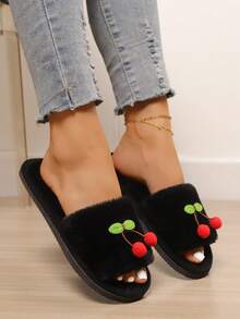 New Women's Cute Cherry Decor Plush Open Toe House Slippers, Comfortable Fluffy Slip-On Slippers For Women, Suitable For Bedroom And Living Room, All Season - Black - View 3
