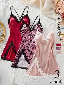 3 Pcs Valentine's Day Surprise Gift Lace Trimmed Satin Split Sexy Lingerie Set, V-Neck Cross-Tie Backless Slim Fit Dress, Women's Comfortable & Erotic Nightdress & Nightgown