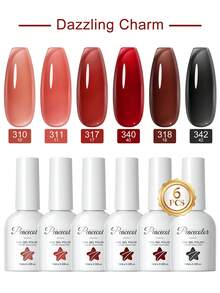 peacecolor 6 PIEZAS Esmalte de uñas de gel de cristal de 10ML, juego de esmalte de gel de uñas rojo, marrón, desnudo y transparente que se retira con remojo, de larga duración para mujeres, regalo de salón DIY