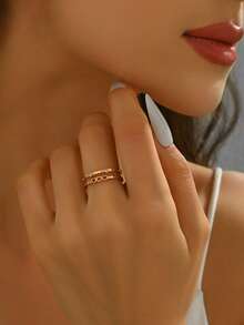 1枚不锈钢玫瑰金镂空双层心形立方氧化锆戒指，时尚百搭甜美风格，适合女性日常佩戴、派对、生日、礼物等场合。 - 尚雙層鏤空小愛心戒指 - 查看 2