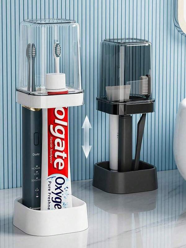 Estante para almacenamiento de cepillos de dientes en pareja, soporte minimalista para cepillos de dientes con vaso para enjuague, conjunto organizador de baño a prueba de polvo para cepillos de dientes y pasta de dientes, organizador de encimera de baño extraíble y fácil de limpiar con drenaje, ideal para almacenar cepillos de dientes, adecuado para el hogar, dormitorios y escuelas