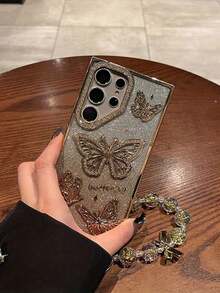 Gradient Glitter Electroplated Rhinestone Lens Butterfly Strap Electroplated Bow Anti-Lost Bracelet Full Coverage Anti-Drop Phone Case Compatible With Iphone 16 Pro Max, 17/17 Pro/17 Pro Max - Champagne - View 2