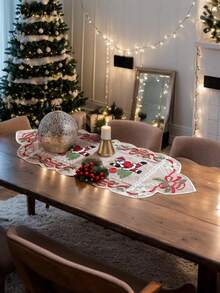 1 buc. Șervețel de masă de Crăciun cu panglici florale, clopoței de Crăciun, brazi de Crăciun și design cu Moș Crăciun - țesătură din plasă de poliester, decor de sărbători roșu și alb - potrivit pentru bucătării, sufragerii, petreceri, Crăciun, utilizare în interior/exterior - disponibile în mai multe dimensiuni - decor de masă de Crăciun