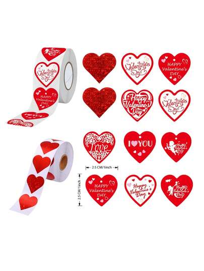 Etiquetas con forma de corazón rojo - 500 etiquetas por rollo (rojo, 1.5 pulgadas) Adecuado para decoración de cajas de regalo, sellado de regalos, decoración de bodas, papelería, bolsas de caramelos, bolsas de empaque de cajas de regalo