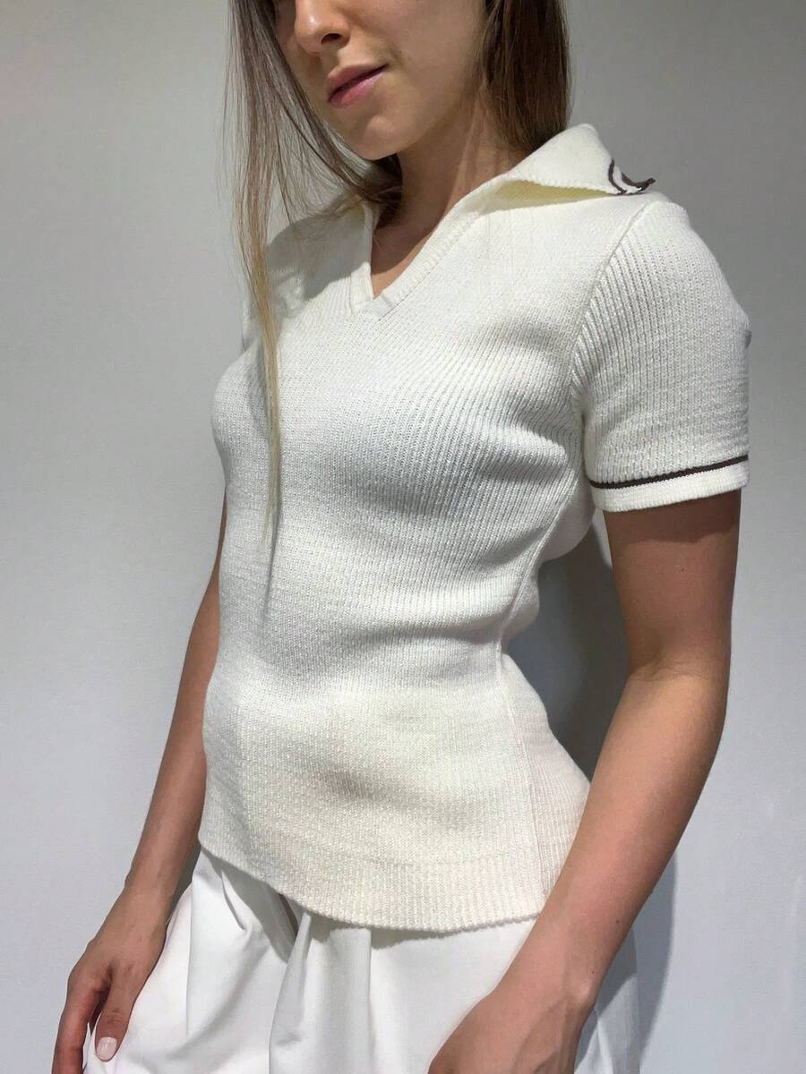 Striped Knitted Polo T-Shirt Ribbed Knit Summer Women's Fashion - 與布朗決戰 - 查看 1