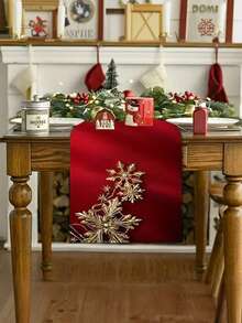 1pc Red Background Golden Snowflake Table Runner, Exquisite Golden Snowflake Decoration, Warm Festive Feel, Suitable For Entryway, Dining Table, Coffee Table(13x35.4/47.2/63/72/78.7 Inches), - متعدد الألوان - مشاهدة 3