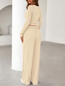 PRETTYGARDEN Women's Spring Fall 2 Piece Outfits Lounge Sets Long Sleeve Top Henley Shirts Wide Leg Pants Travel  Sweatsuit Set Women Clothes Home Clothes Going Out Outfits Sports Valentine Vacation Outfit For Women - 米色 - 查看 4