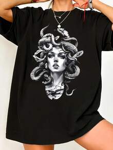 Women's Medusa Pattern Printed Short Sleeve T-Shirt - Cartoon Snake Design Round Neck Casual Top, Machine Washable Four Seasons Comfortable Style, Daily Wear, Fashion , Breathable Fabric, Summer Essential, Durable  T-Shirt - White - View 1