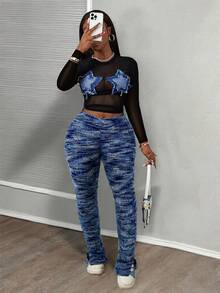 2025秋冬新款休闲街头风性感Y2K星形贴片黑色网纱修身上衣搭配蓝色渐变毛绒条纹紧身喇叭裤女两件套度假装 - 彩色 - 查看 4