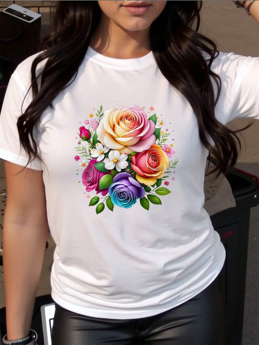 Camiseta de manga corta de algodón puro de 180g para mujeres con bouquet de flores de arcoíris de rosas, cuello redondo casual, lavable en máquina para todas las estaciones, regalo para mamá, material cómodo, camisa de impresión para uso diario, camisa de look moderno
