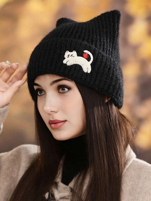 1 pezzo Cappello da donna di colore unito, cappello lavorato a maglia con decorazione carina a forma di gatto, dolce e alla moda, berretto paraorecchie casual versatile e semplice, adatto per uso quotidiano