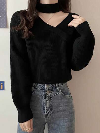 新款韩版不对称斜领灯笼袖宽松短款针织毛衣