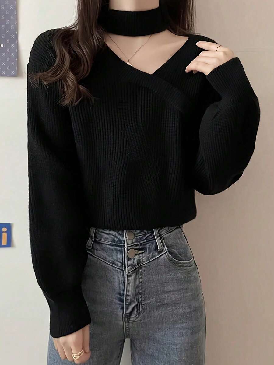 新款韩版不对称斜领灯笼袖宽松短款针织毛衣 - 黑色 - 查看 1