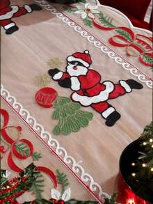 1 buc. Șervețel de masă de Crăciun cu panglici florale, clopoței de Crăciun, brazi de Crăciun și design cu Moș Crăciun - țesătură din plasă de poliester, decor de sărbători roșu și alb - potrivit pentru bucătării, sufragerii, petreceri, Crăciun, utilizare în interior/exterior - disponibile în mai multe dimensiuni - decor de masă de Crăciun