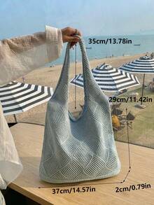 Leisure Large Capacity Woven Bag Hollow Design Knitted Shoulder Bag Holiday Beach Shopper Tote For Women Travel Women Crochet Tote Bag Hollow Beach Bag Large Capacity Fashion Knitted Bag Solid Color Simple Shopping Bag For Travel Vacation