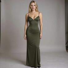 Long Suplex Dress With V-Neckline, Elegant Style - 軍綠色 - 查看 3