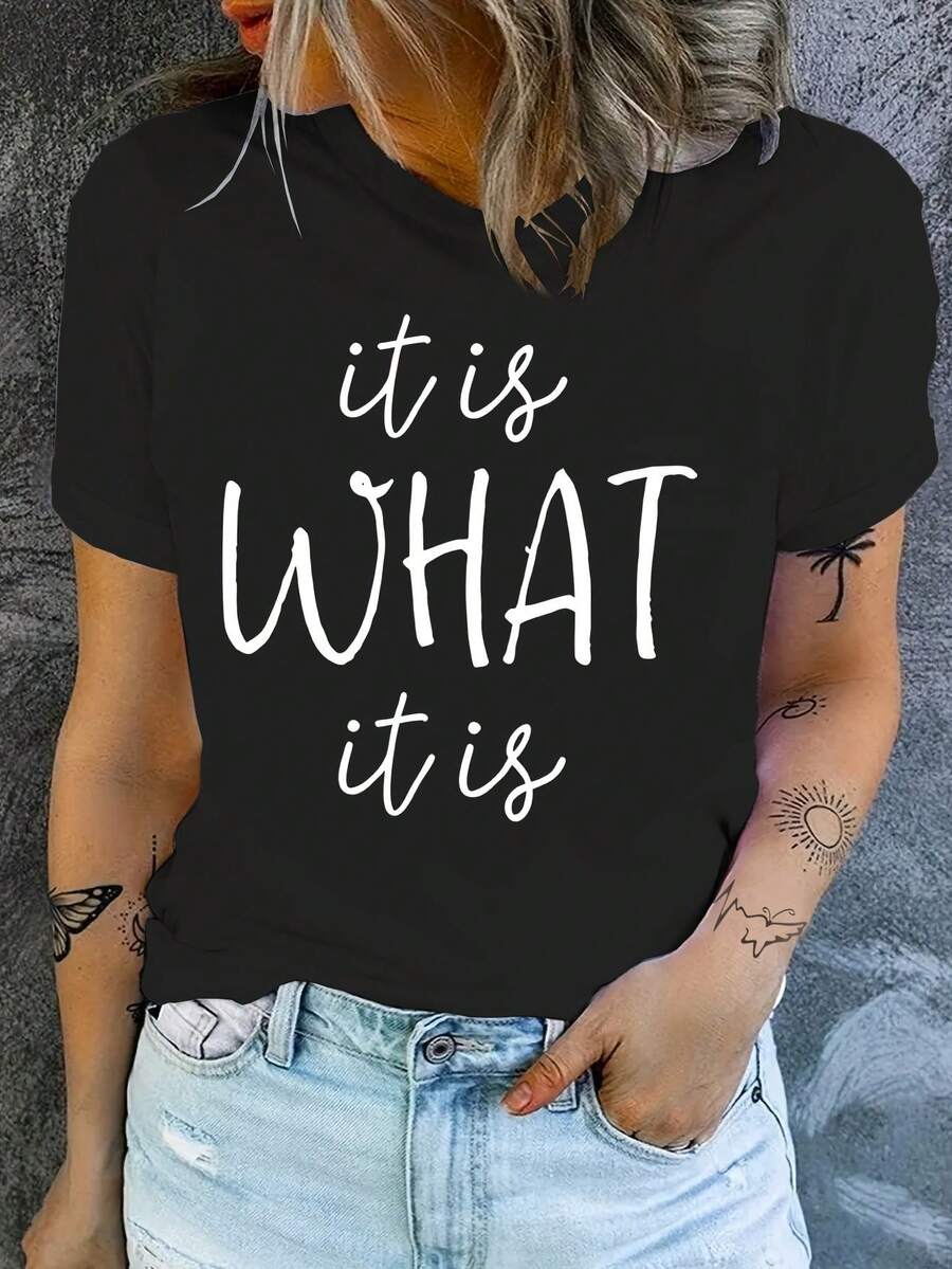 Women'S "It Is What It Is" Letter Print T-Shirt, Casual Crew Neck, Medium Stretch, Knit Fabric, Regular Fit, Short Sleeve Tee With Applique Detail - Black - View 1