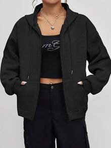 Áo nỉ nữ dáng rộng, thoải mái, không cài khuy, vai rớt, có mũ trùm đầu và túi, kiểu dáng tối giản và thanh lịch, phù hợp cho đi làm hàng ngày/dạo chơi/gặp gỡ bạn bè/ở nhà/tập luyện, ấm áp và thoải mái - Màu đen Thu Đông - màu đen - Xem 2