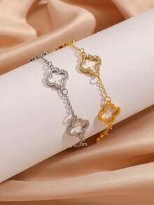 Elegant & Chic Stainless Steel Vacuum Plated 18K Gold Micro-Inlaid Full Diamond Hollow Four-Leaf Clover Women Bracelet Set, Suitable For Party, Daily Wear, Selfie, Outing And Shopping