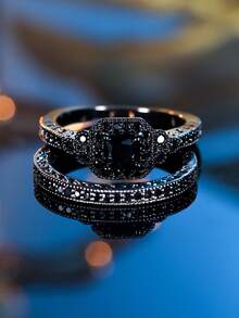 2 Pcs/Set Exquisite All-Black Cubic Zirconia Halloween-Style Women's Ring Set Designed For Women Halloween Jewelry Women's Jewelry Gift - Black - View 2