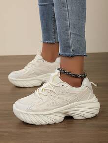 女士厚底厚底运动鞋，透气网眼增高休闲轻便运动鞋和百搭厚底乐福鞋 - 米色 - 查看 3