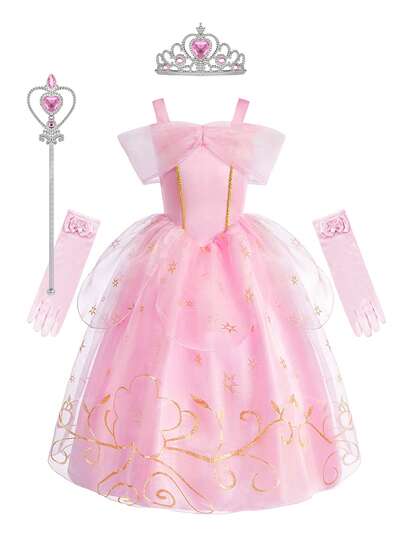 5 st/set flickor rosa blommönster ärmlös klänning med accessoarer handskar kostym, barn prinsessoutfit för Halloween, jul, karneval rollspel