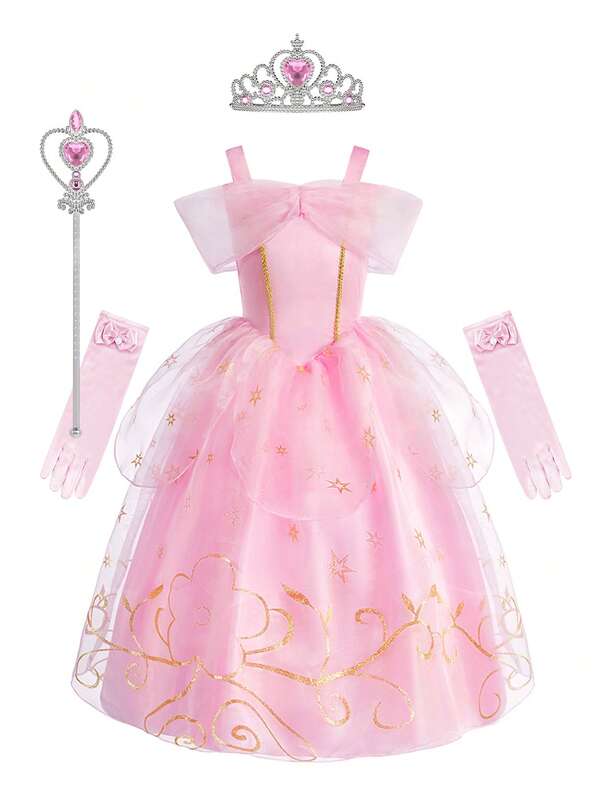 5pcs/Set Girls Pink Floral Pattern Sleeveless Dress With Accessories Gloves Costume, Children Princess Outfit For Halloween, Christmas, Carnival Role Play