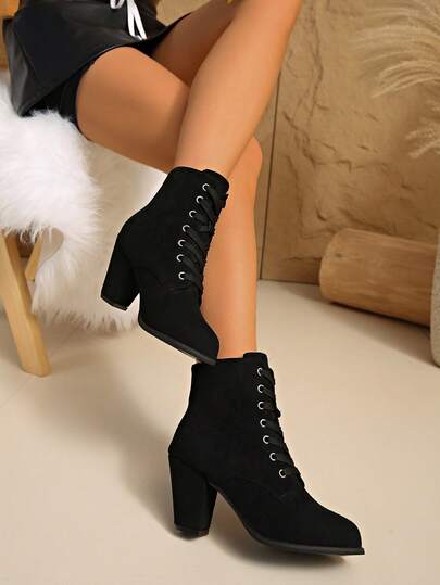 2025 Autumn/Winter Plus Size European & American Fashion Lace-Up Roman Knight Boots For Women, Black Waterproof Platform High Shaft Round Toe Thick High Heel Tall Boots