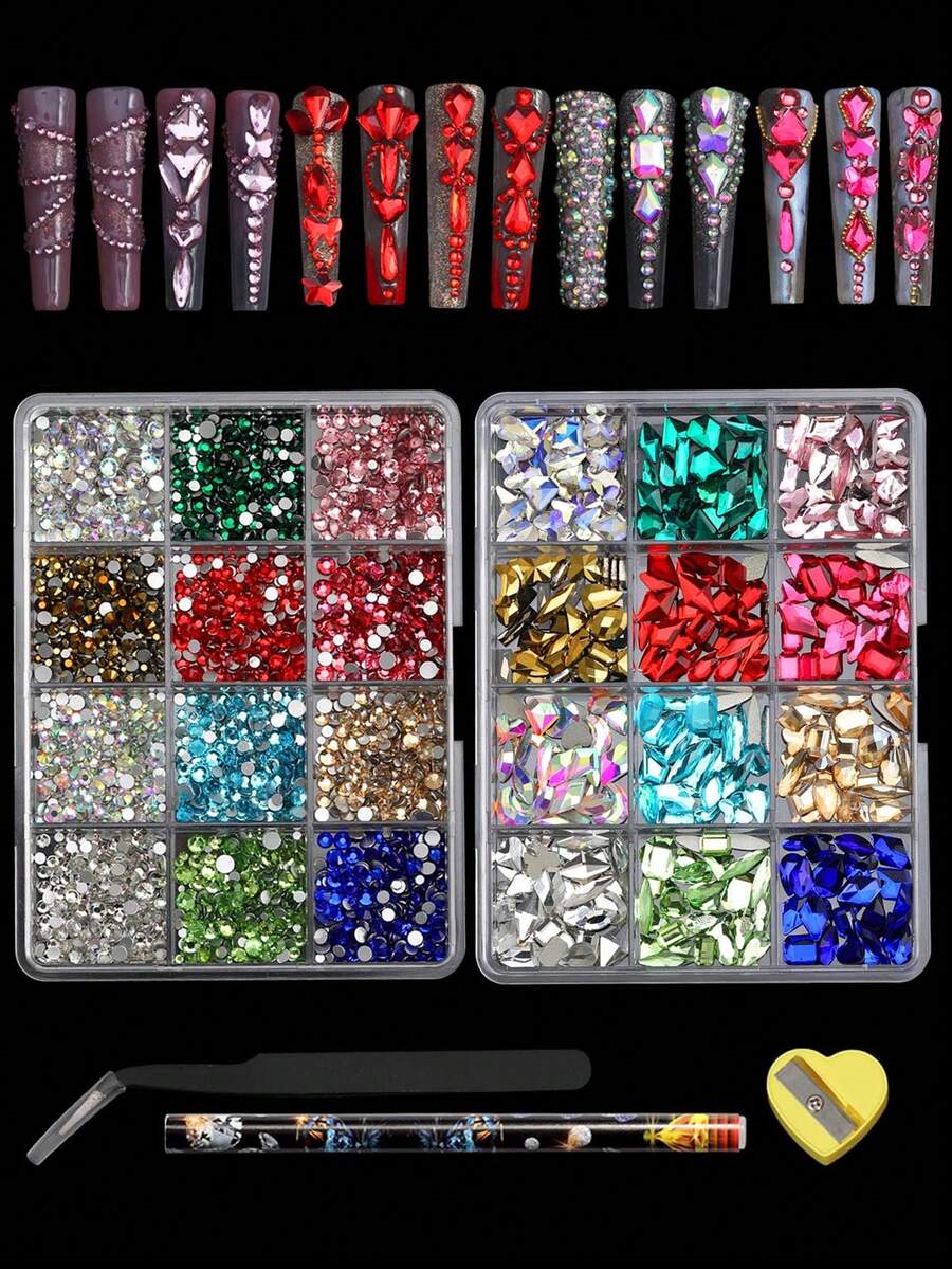 2 Boxes Flat-Back Rhinestones Value Pack - Multi-Color & Size Mixed Round/Fancy Stones For Nail Art DIY Jewelry Decorations - 彩色 - 查看 1