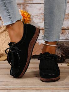 Plates à lacets à franges vintage, ambiance décontractée artistique, convenant pour le trajet et la sortie, design unique à franges, style rétro subtil, attrait mode, nouvelle arrivée automne/hiver - Noir - Voir 5