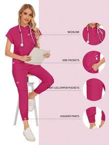 Wholesale Fashion Scrub Suits Dental Hospital Uniform Set Solid Color Surgical Gown Pocket V-Neck Scrubs Sets For Women Joggers Pants Suit - Hot Pink - View 1