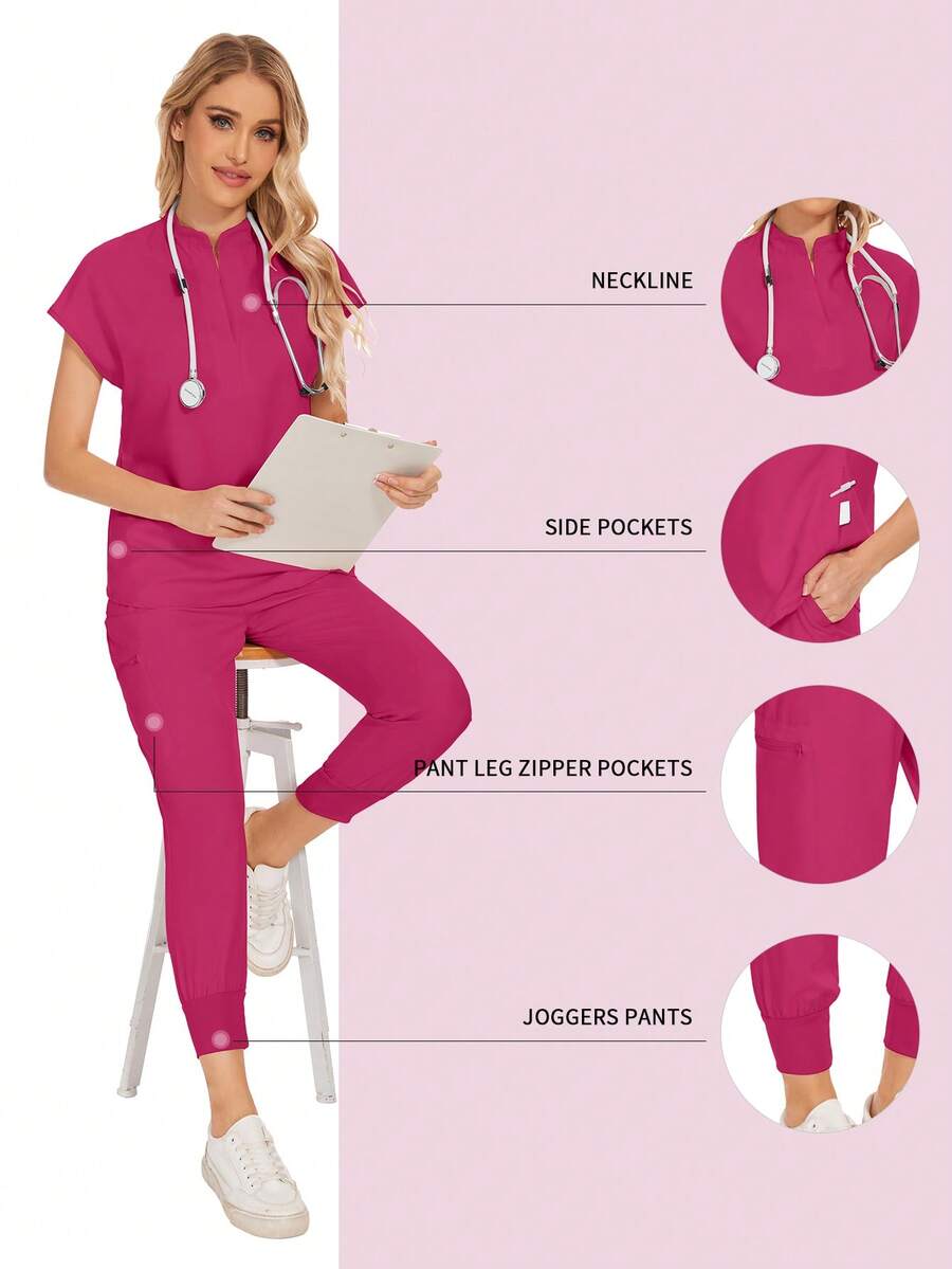 Wholesale Fashion Scrub Suits Dental Hospital Uniform Set Solid Color Surgical Gown Pocket V-Neck Scrubs Sets For Women Joggers Pants Suit - Hot Pink - View 1