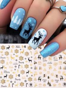 5Pcs Christmas Gold Nail Stickers, Self-Adhesive Metallic Nail Art Decals With Snowflake, Xmas Tree, Reindeer, Snowman & Winter Letter Pattern, Holiday DIY Manicure Decorations Supplies - Multicolor - View 9