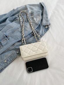 Bolso de mano con cadena de rombos en miniatura, diseño minimalista de bolso bandolera, elegante para ir al trabajo - Beis - Ver 10