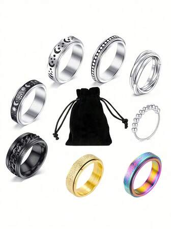 3-6 piezas Anillo de ansiedad para hombres y mujeres, anillos de preocupación, anillos giratorios con diseños de luna, sol y estrella, anillos antiestrés para meditación y alivio de la ansiedad