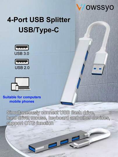 WOWSSYO 集线器 USB C 多端口适配器 4 合 1 C 型集线器适配器 USB C 至 USB 超薄端口 USB 3.0 / 2.0，适用于电脑、手机、平板电脑