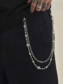 1 pieza Cinturón de cadena de jeans de doble capa con decoración de perlas falsas, accesorio elegante para hombres, adecuado para uso diario y como regalo