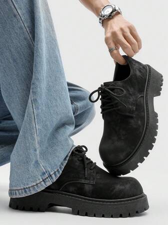 Men's Fashionable Black Thick Sole Lace-Up Casual Dress Shoes, Low-Top Formal Party Vintage Round Toe Elevator Shoes,