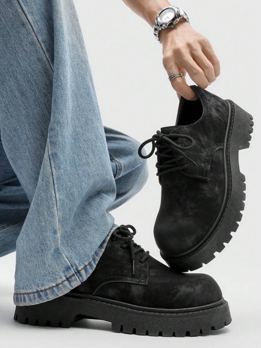 Men's Fashionable Black Thick Sole Lace-Up Casual Dress Shoes, Low-Top Formal Party Vintage Round Toe Elevator Shoes, - Black - View 1