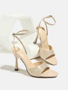 女士高跟凉鞋，时尚春夏派对、户外活动、优雅宴会、方头、激光反光、穆勒鞋款式、交叉激光反光细带、搭扣闭合、闪亮纯色面料、优雅奢华、杏色、优雅高跟凉鞋 - 杏色 - 查看 7