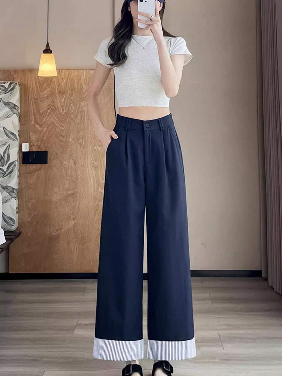 Calça feminina de perna larga, nova, outono/inverno, listrada, patchwork, cor contrastante, zíper, botão, bolsos, adequada para uso casual, escritório e deslocamento - Azul escuro - Ver 1