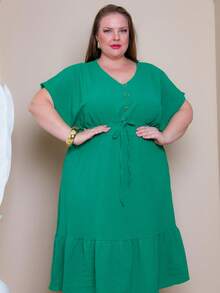 Batwing Dress Plus Size Midi Short Sleeve Duna Fabric Size U/G1 From 44 To 50 With Front Buttons Fashion Elegant Simple Casual Elegant Party Ruffle Hem Buttons On The Front Knot Wedding - 綠旗 - 查看 2
