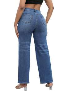 THUNDER Womens High Waisted Wide Leg Jeans Stretchy Distressed Pants - M Blue - 查看 10