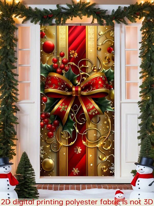 1 pieza, Cubierta de puerta navideña plana 2D con guirnalda de lazo rojo y dorado, perfecta para decoración exterior, decoración navideña del porche, decoración del hogar y fiestas, fondo para photobooth, decoración navideña de la puerta principal