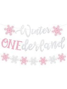 3pcs Pink, Blue Glitter Winter Onederland 1st Birthday Decorations, Winter Onederland Backdrop Banner, Snowflakes, Winter Wonderland, Frozen Theme Birthday, Shower, Winter, Christmas, New Year Party Supplies - Pink - View 1