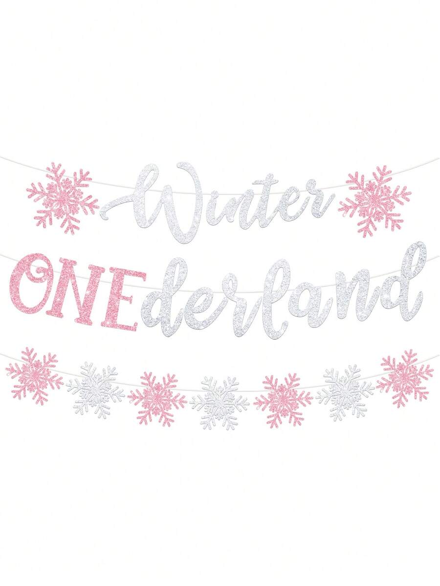 3pcs Pink, Blue Glitter Winter Onederland 1st Birthday Decorations, Winter Onederland Backdrop Banner, Snowflakes, Winter Wonderland, Frozen Theme Birthday, Shower, Winter, Christmas, New Year Party Supplies - Pink - View 1