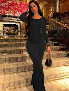 Stylish Ruched Round Neck Long Sleeve Fitted Dress Elegant - Black - View 3
