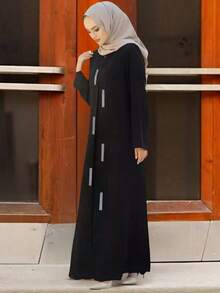 时尚气质休闲宽松拉链设计亮片女士圆领长袖黑色连衣裙Abaya Jilbabs迪拜适合日常居家节日四季 - 黑色 - 查看 8